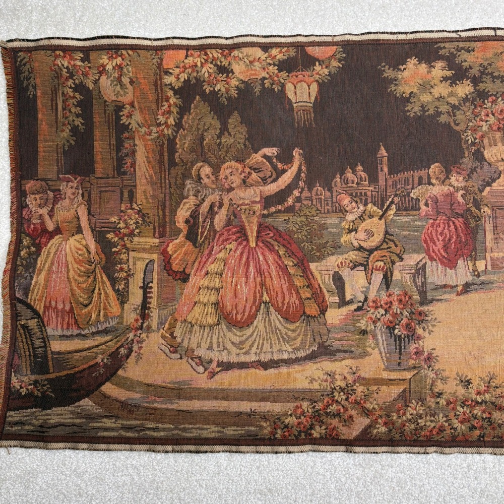 Vintage Belgium Woven‎ Tapestry Runner Courting Venetian Party Scene 57x19.75